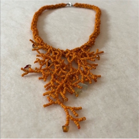 Women Statement Necklace 18” Orange Coral Strand Retro Hippie Boho Bib Costume - Picture 2 of 8